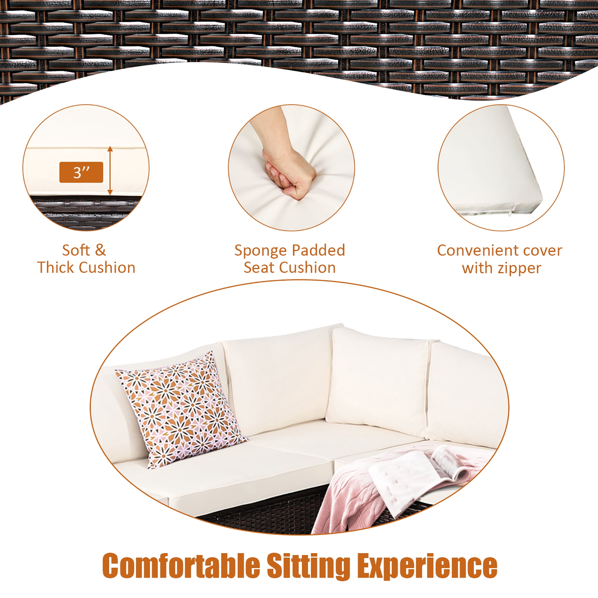 Costway  6PCS Patio Rattan Furniture Set Sectional Cushioned Sofa Deck Beige
