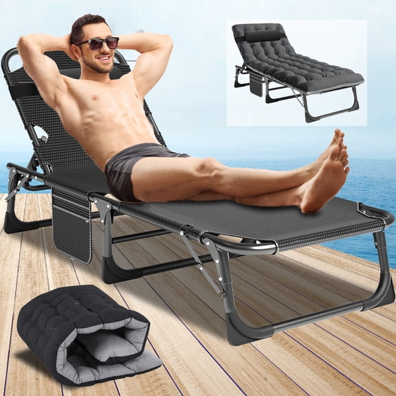 Lilypelle Adult Camping Cot Folding Cot, Portable Heavy Duty Sleeping Bed with Mattress, Outdoor Patio Adjustable 4-Position Folding Lounge Chair for Sunbathing, Gray