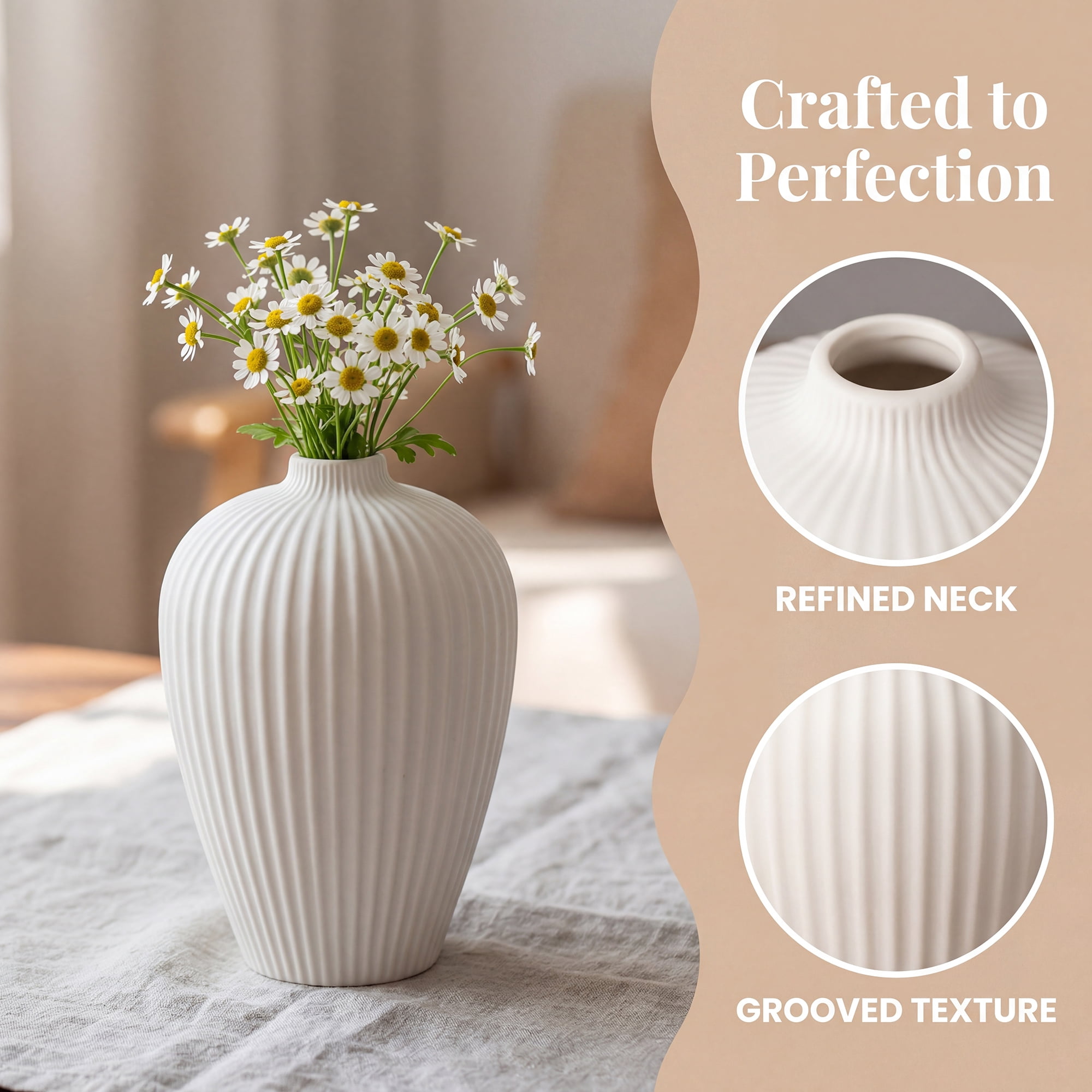 Unique Bargains Modern Ceramic Matte Ribbed Flower Vase White 3.9" x 3.9" x 5.9"
