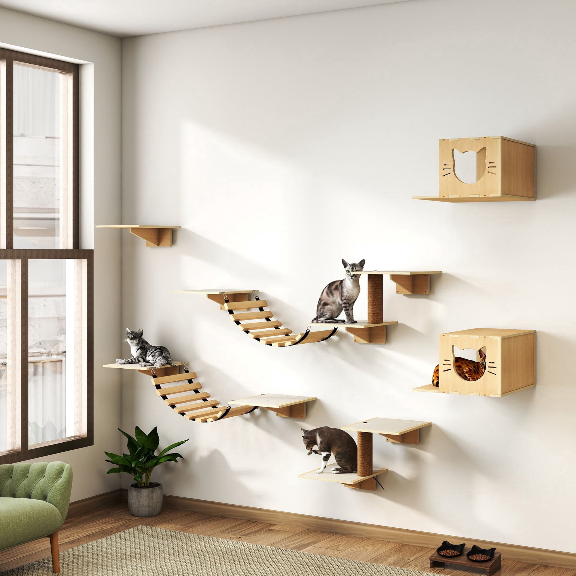 8-in-1 Wall Mounted Cat Shelves Set, Wall Cat Furniture with Scratching Post, Bridge, Condos & Perches for Small/Medium Cats