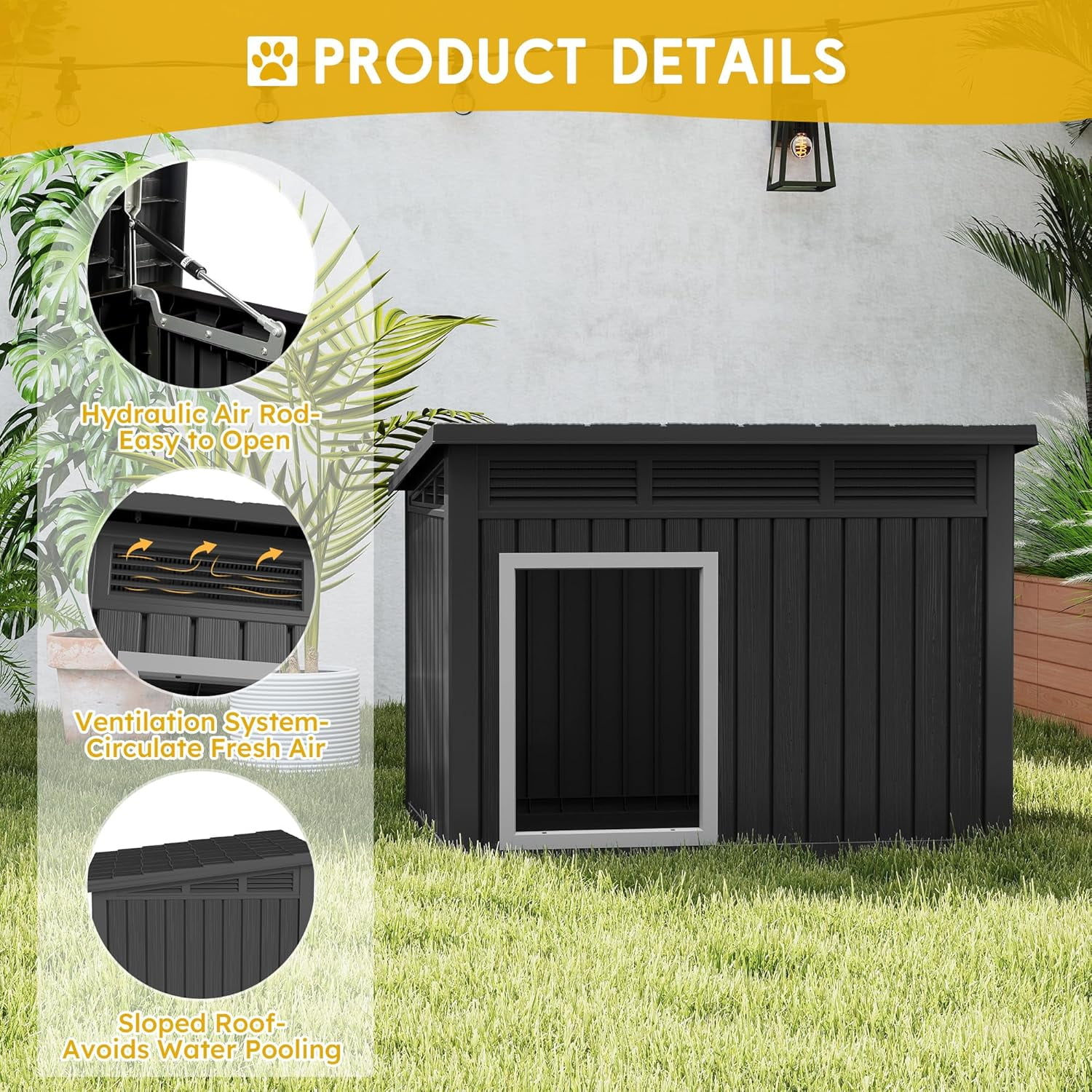Bifanuo Waterproof Dog House, Indoor Outdoor Kennel with Ventilated Design & Sloping Roof for Medium to Large Dogs, Easy to Clean Design Pet Shelter，PP Material, Black,42.8" L x 33" W x 31.5" H