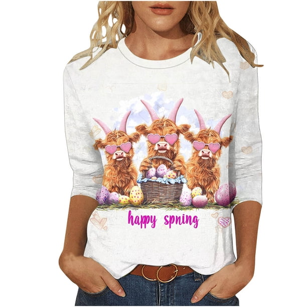 Camisetas de Pascua para Mujeres Pullover de Cuello Redondo Casual con Mangas de Tres Cuartos Y Estampado Lindo, Top de Poliéster de Ajuste Suelto para Fiestas de Primavera Y Uso Diario
