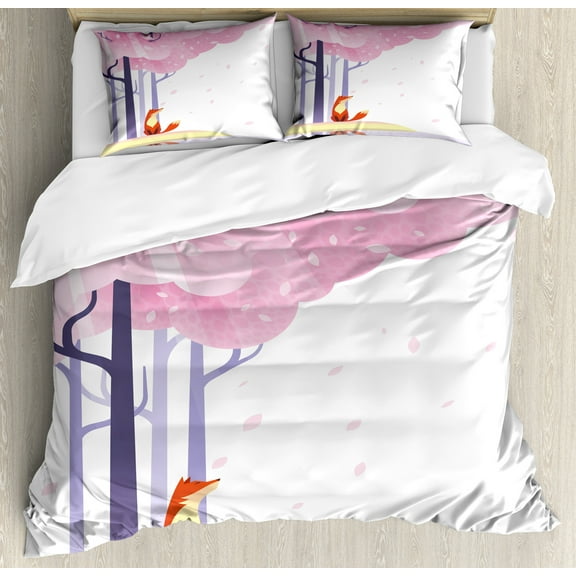 Fox Duvet Cover Set, Spring Inspired Composition Pink Sakura Tree Falling Leaves Idyllic, Decorative 3 Piece Bedding Set with 2 Pillow Shams, King Size, Pale Pink Lavender, by Ambesonne