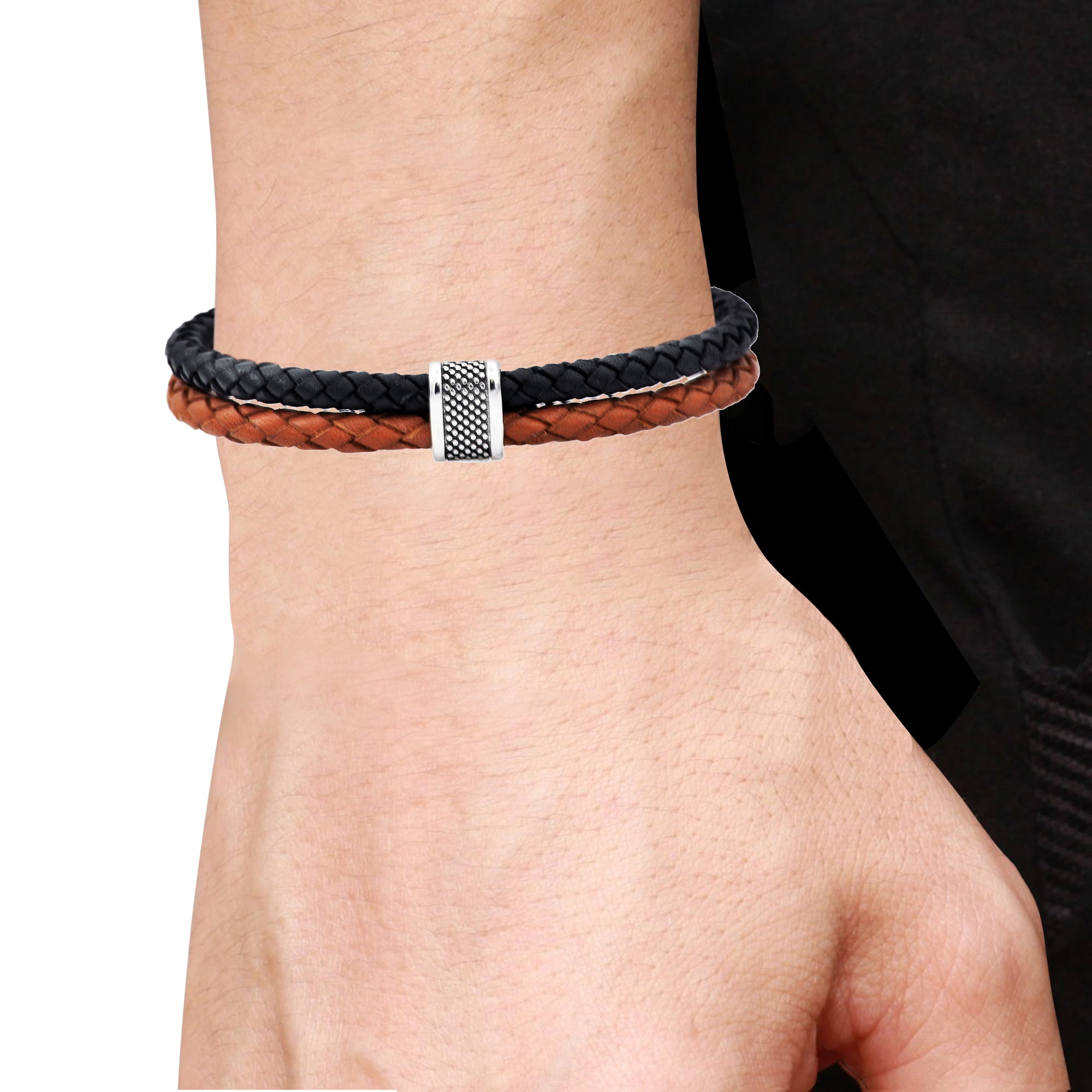 Mens Black And Brown Leather Stainless Steel Bracelet