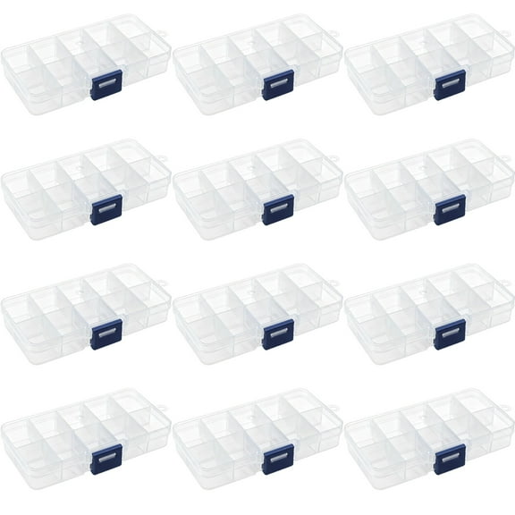 12 Pack 10 Grid Storage Box, 5 x 2.6 x 0.9 in / 12.6 x 6.5 x 2.2 cm Clear Plastic Bead Organizer with Removable Divider, Compartment Jewelry Box for Parts, Beads, Small Items Organization