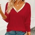thumbnail image 5 of WHLBF Tops for Women Long Sleeve Fall Winter Classic Solid Color Gold V-neck Pullover T-shirt Red M, 5 of 7