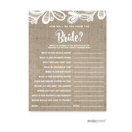 How Well Do You Know The Bride? Burlap Lace Wedding Bridal Shower Game Cards, 20-Pack