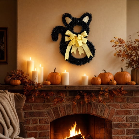 Black Tinsel Cat Wreath With Yellow Plaid Bow, 15.75 Inch Halloween Fall Front Entryway Wall Hanging Decor