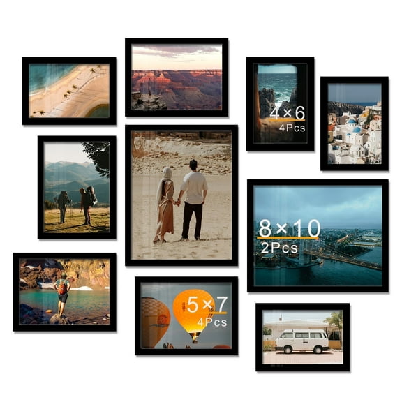 Black Picture Frames - 4x6, 5x7, 8x10 - 10 Pack Photo Frame Mix & Match Set for Wall Decor & Tabletop Display, Minimalist Black Frame Collection