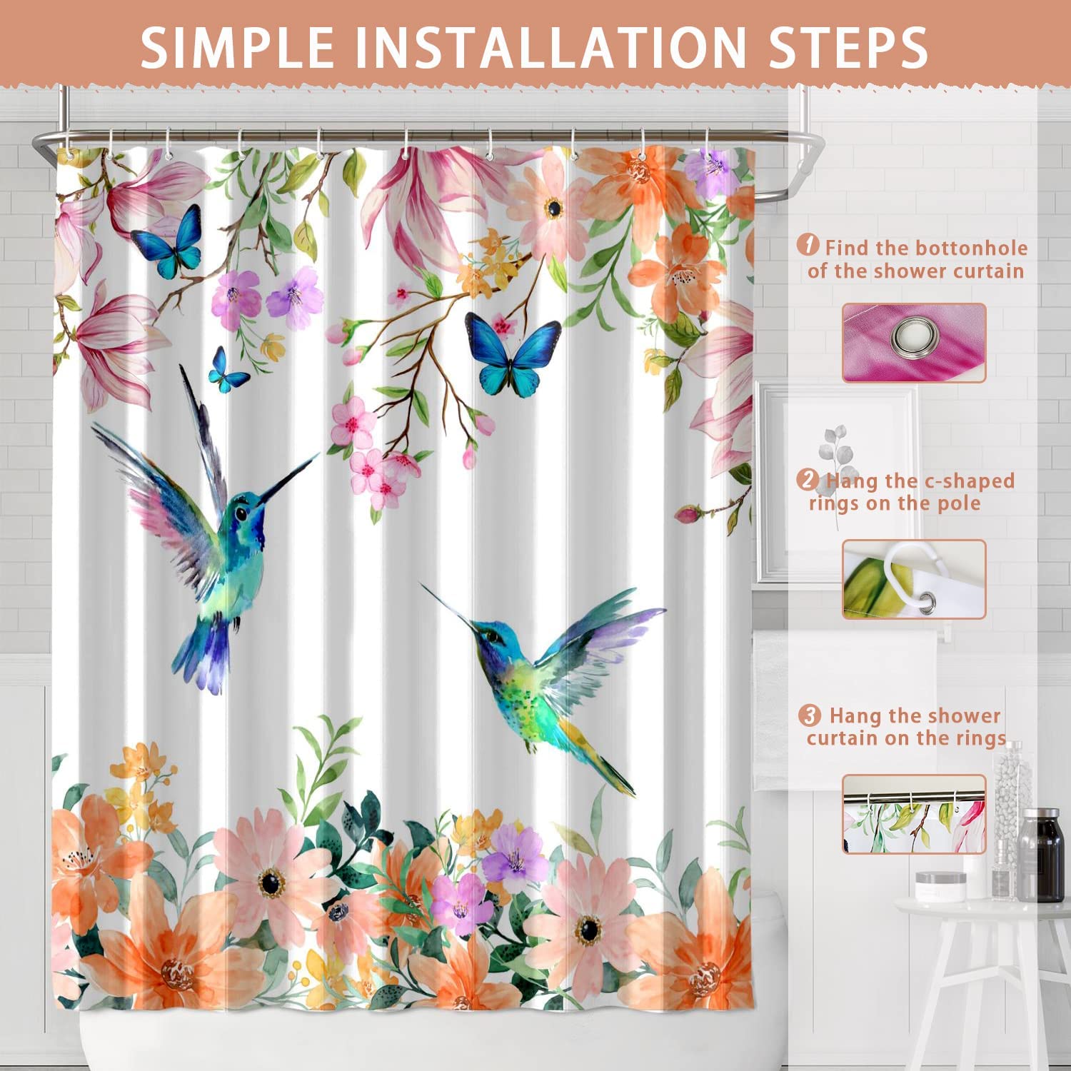 Watercolor Flower Hummingbird Shower Curtain for Bathroom Set Modern Floral Bird Home Bathtub Decor with 12 Hooks Washable Durable Polyester Fabric 72"x72"
