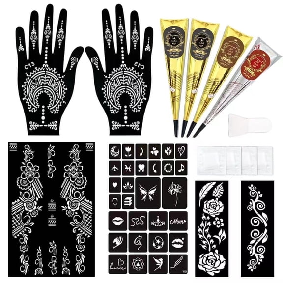 Temporary Stencils Tattoos Kit, 4 Pcs Tattoo Cones with 3 Colors (2 Black, 1 Maroon, 1 Cherry Red), Gloves & Brush Tool, DIY Body Art Skin Painting Designs for Women, Men, Kids, Party, Gifts