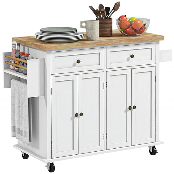GVN Rolling Kitchen Table, Kitchen Island,Modern Rolling Kitchen Island Cart with Spice Rack, Distressed White