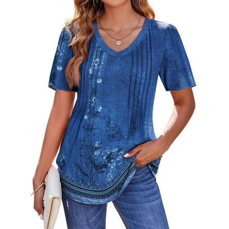 Fantaslook Blouses for Women Dressy Casual V Neck Pleated Tunic Tops Summer Short Sleeve Boho Shirts