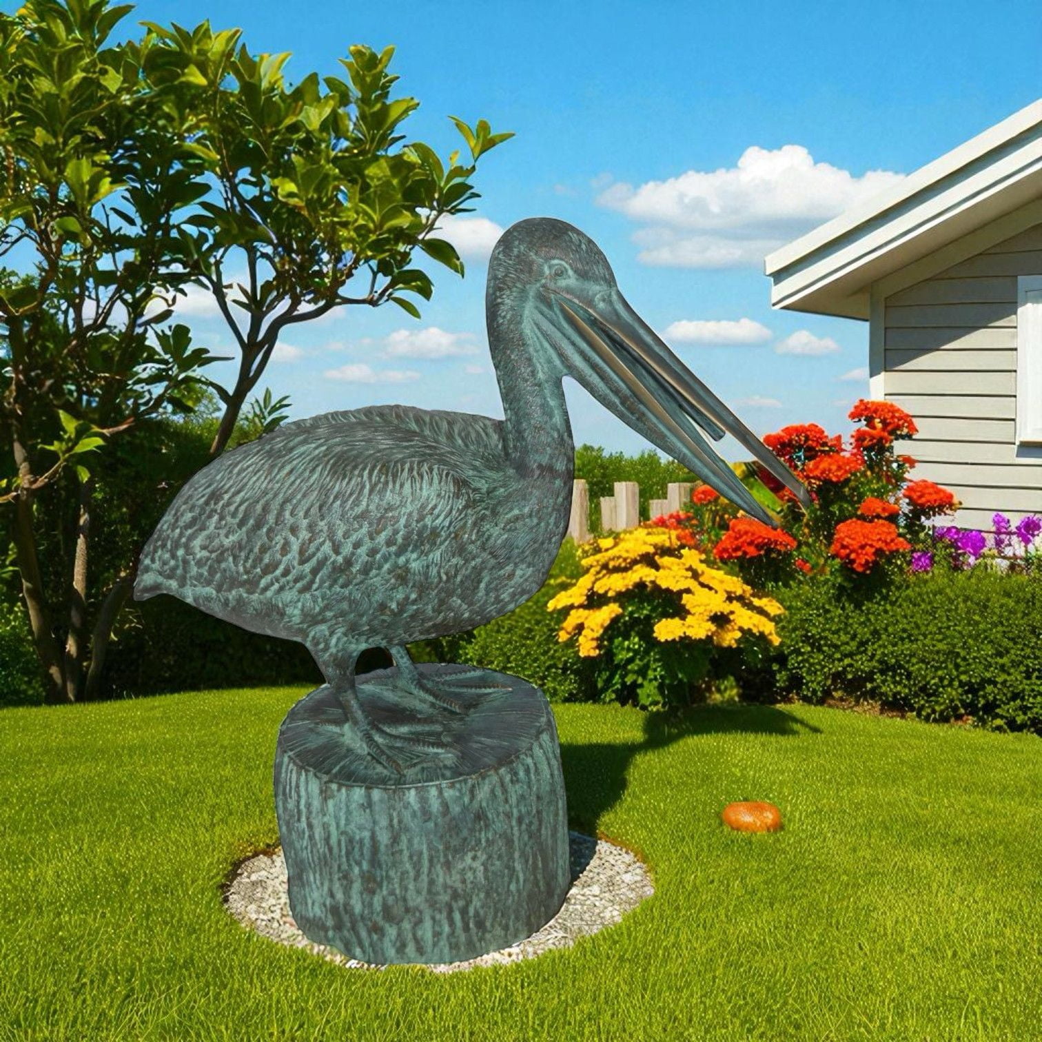 Nifao Pelican on a Tree Stump fountain bronze statue – Garden Outdoor Decor Sculpture, 30"L x 16"W x 46"H