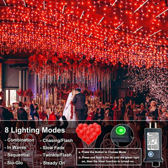 FGERFE-Icicle Lights for Outside, 33FT 400 LED Christmas Lights with 8 Modes 75 Drops, Waterproof Plug in Curtain String Light for Outdoor Indoor House Patio Fence Wedding Decorations, Red