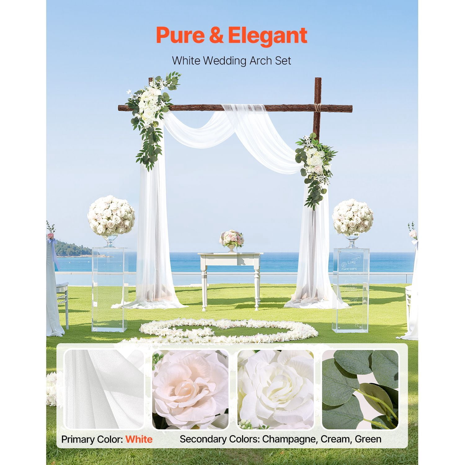 Wedding Arch Flower Kit, 21ft Drape with Silk Flowers and Eucalyptus, 5x6.5ft Arch Compatible, Gold Foil Trim, Handmade Blooms for Ceremony Decor