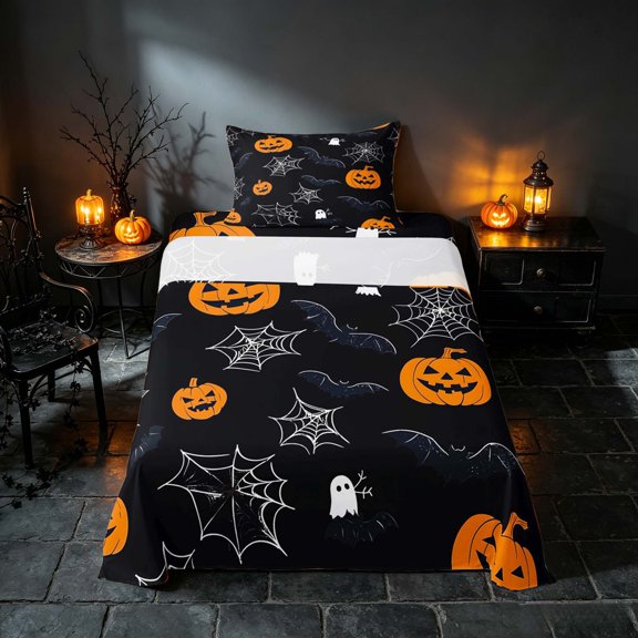 Homewish Halloween Ghost Bat Twin Sheets, Spider Web Pumpkin Bedding, Black Orange, 3pcs (1 Flat Sheet, 1 Fitted Sheet and 1 Pillowcase)