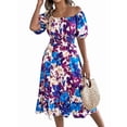 thumbnail image 2 of Women's Short Sleeve A Line Dresses Square Neck Flowy Floral Smocked Midi Dress for Casual Blue M, 2 of 10