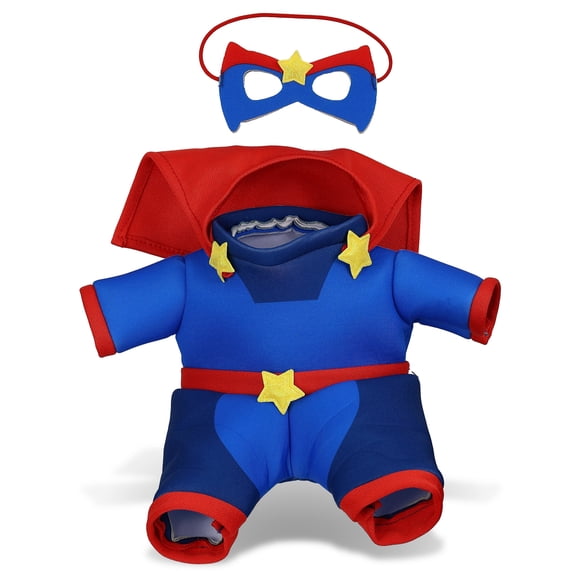 DolliBu Superhero Stuffed Animal Dress Up Set - Blue Super Hero Cape, Suit and Eye Mask Costume - Pretend Play Clothes for Teddy Bears - Large For 8 to 10 Inch Plush Toys