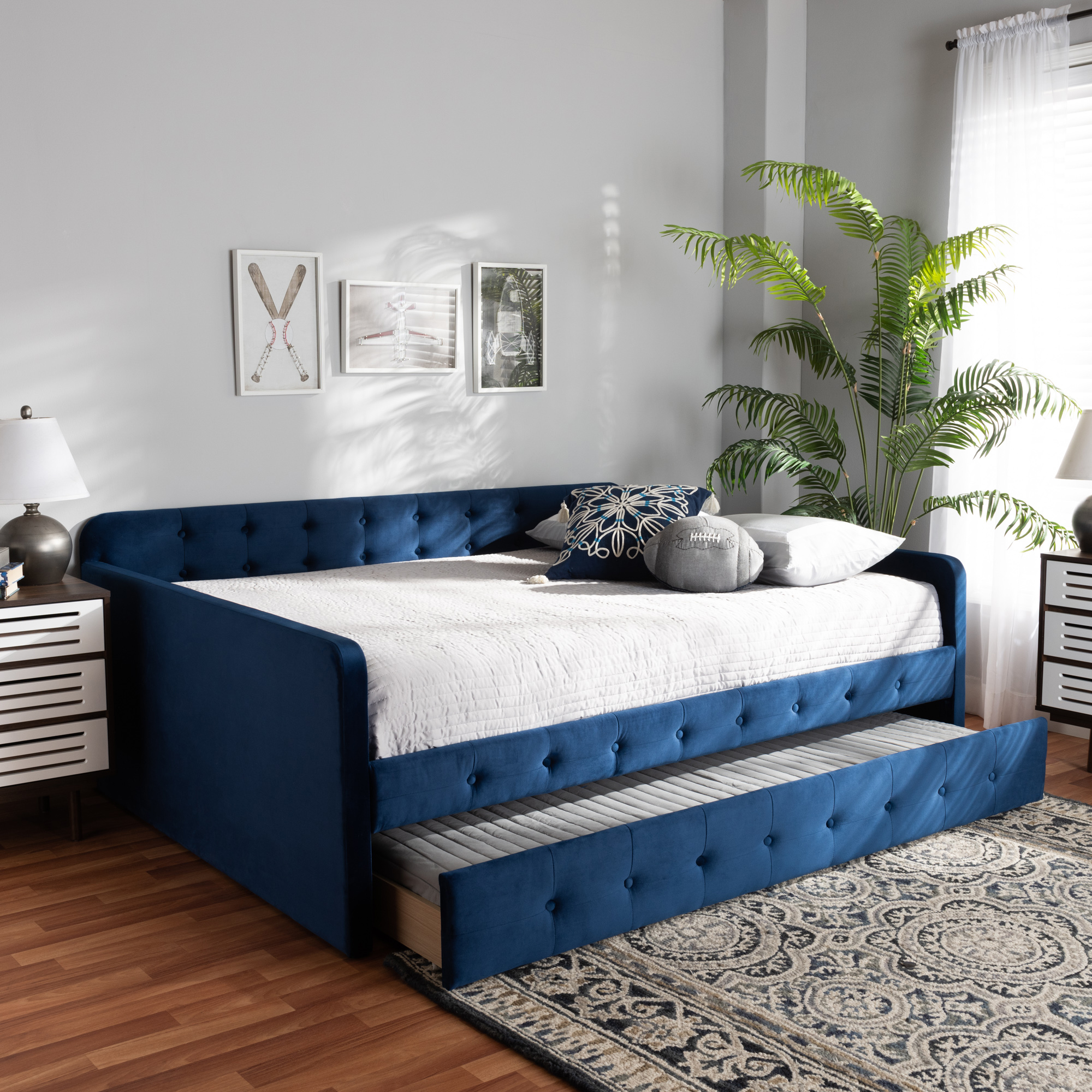 Baxton Studio Jona Kids Modern Daybed with Roll-out Trundle, Navy Blue/Velvet