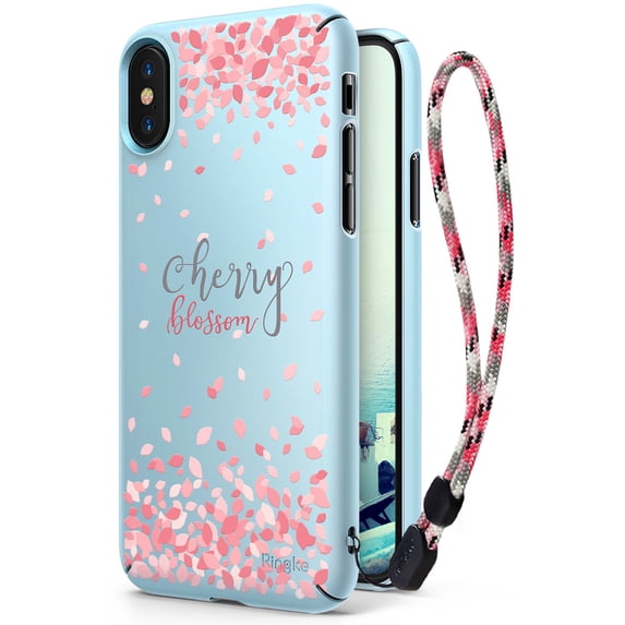 Ringke Slim (Cherry Blossom) Case Compatible with iPhone X, Solid Sakura Petal Fashionable Design Cover with Wrist Strap - Sky Blue