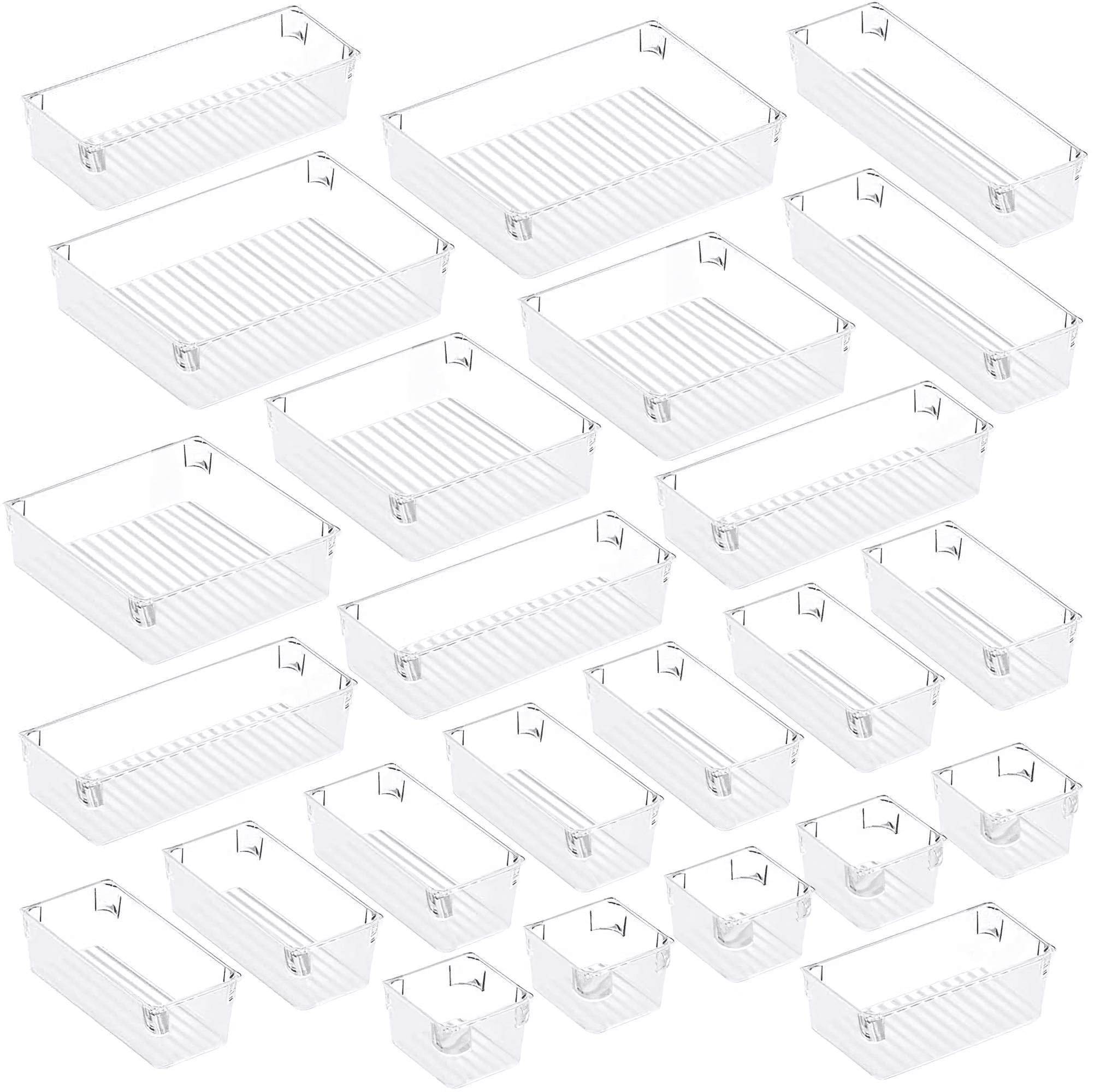 LeaderPro 24Pcs Clear Drawer Organizer Desk Tray Set 5 Different Size Versatile Drawer Storage