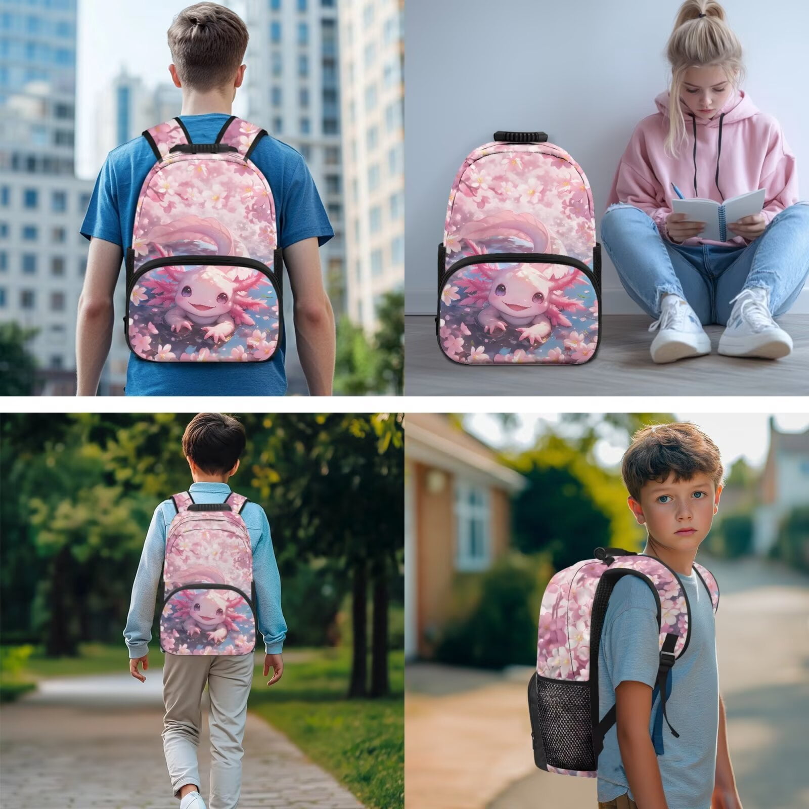 Pzuqiu Axolotl Cherry Blossom Kawaii Backpack for School Girls 4 Pcs Backpacks with Lunch Box Pencil Case 2pcs Bookmark Large Travel Rucksack 17 Inch Bookbags School Bag Set