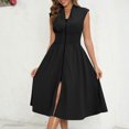 thumbnail image 4 of Ailaofu Women's Solid Color Fold V Neck Front Zip Elegant Comfort Midi Dress with Functional Pockets, 4 of 7