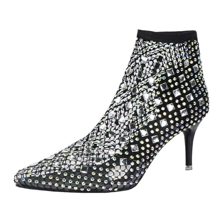 Stiletto Fishnet Rhinestones Boots for Women Ladies Sexy Sheer