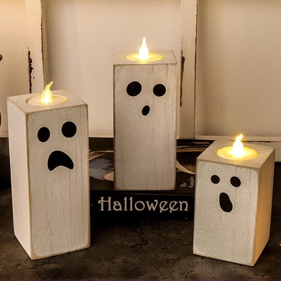 3PCS Halloween Wooden Ghost LED Tealight Holders, Halloween Decor Indoor Table Centerpiece for Halloween Decorations