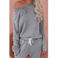 thumbnail image 3 of Conjunto de dos piezas para mujer: Top y pantalón de color liso degradado, cuello redondo, manga larga, pijama y pantalones cortos., 3 of 5