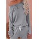 thumbnail image 3 of Conjunto de dos piezas para mujer: Top y pantalón de color liso degradado, cuello redondo, manga larga, pijama y pantalones cortos., 3 of 5