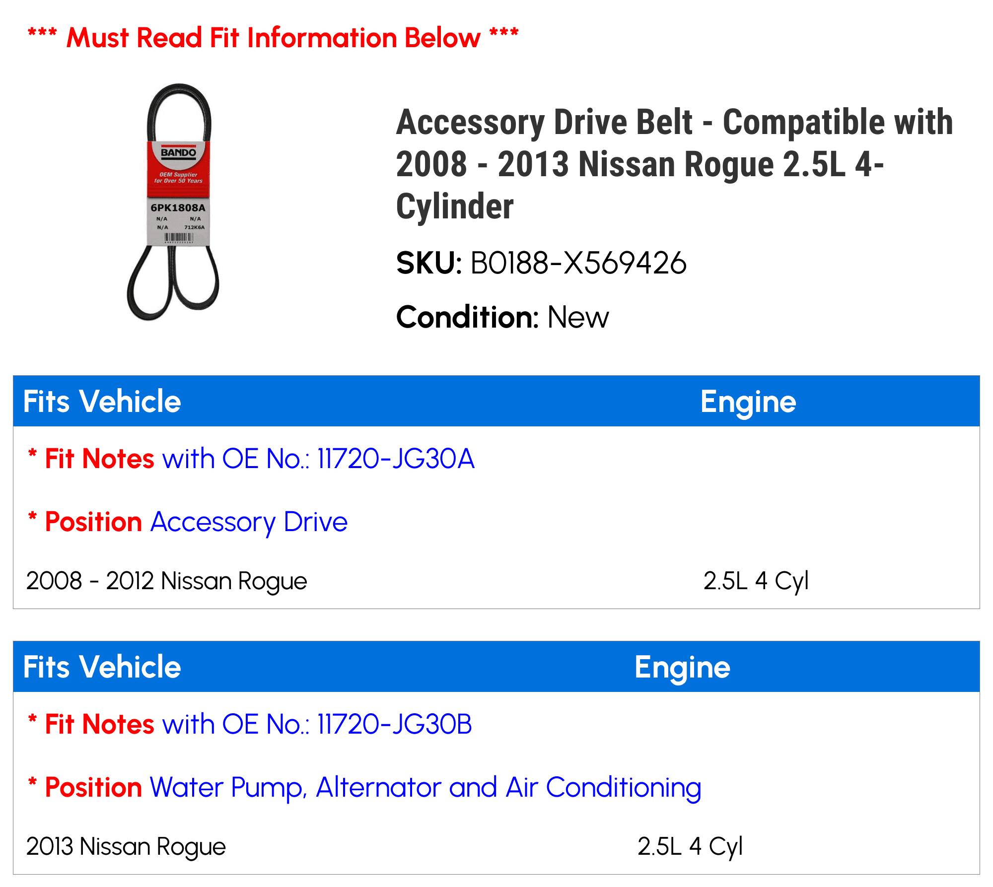 Accessory Drive Belt - Compatible with 2008 - 2013 Nissan Rogue 2.5L 4-Cylinder 2009 2010 2011 2012