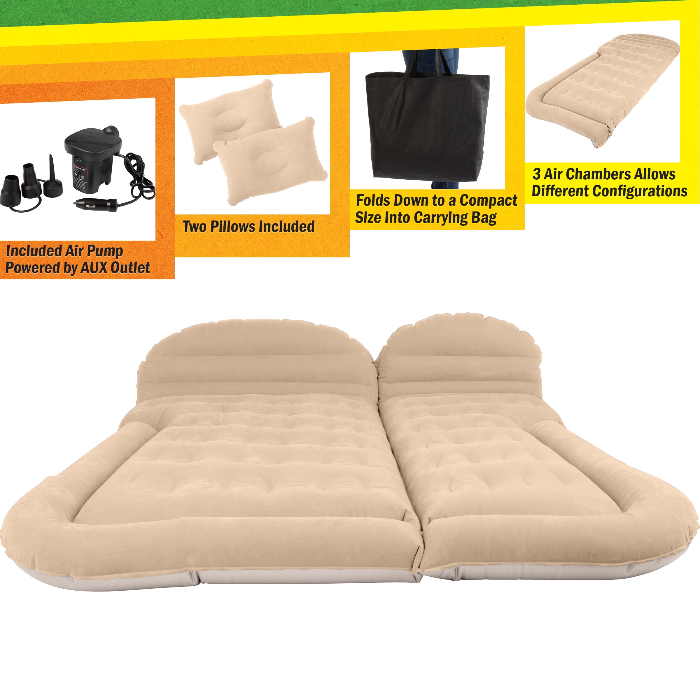 Wakeman Outdoors Inflatable Mattress - Car Air Mattress for SUV or Tent with Aux Outlet Pump, 2 Inflatable Pillows, Car Camping Gear, Beige
