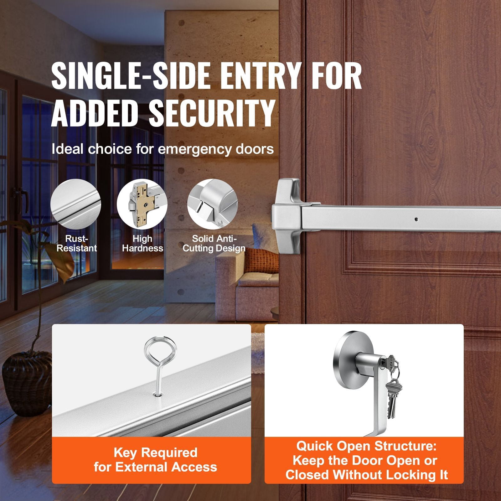 Heavy-Duty Push Bar Panic Exit Device with Carbon Steel, 27.5" Length, for Wood/Metal Emergency Doors
