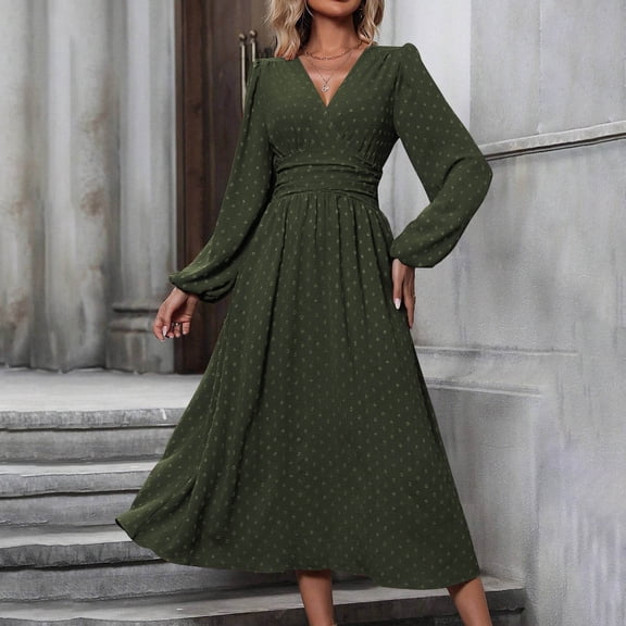 Ayolanni V Neck Women's Fall Dress Long Sleeve Flowy A-Line Maxi Dresses Elegant Wedding Guest Chiffon Solid Long Dress with Pockets Green L