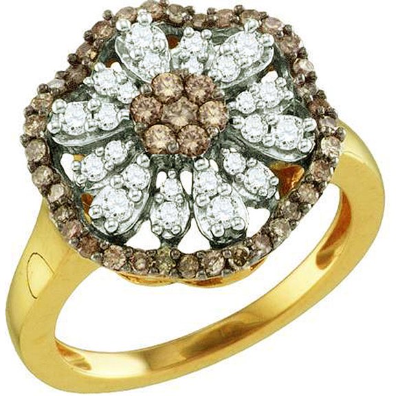 Dazzlingrock Collection 0.68 Carat (ctw) 10K Cognac And White Diamond Ladies Cluster Flower Cocktail Right Hand Ring, Yellow Gold