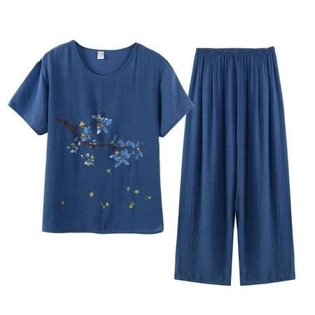 

YMH 2 Pcs/Set Women Top Pants Set O Neck Flower Print Grandma Style Elastic Waist Grandmother Summer Pajamas Set for Daily Wear
