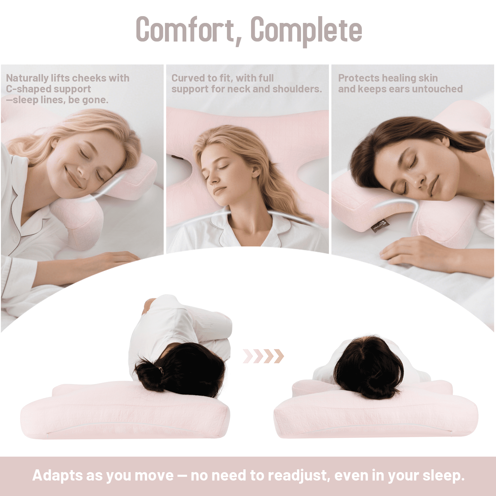 RoamReady Anti Wrinkle Anti-Aging Side Sleeper Pillow, Soft Neck Support Pain Relief Sleep Aid Beauty Pillow, Pink