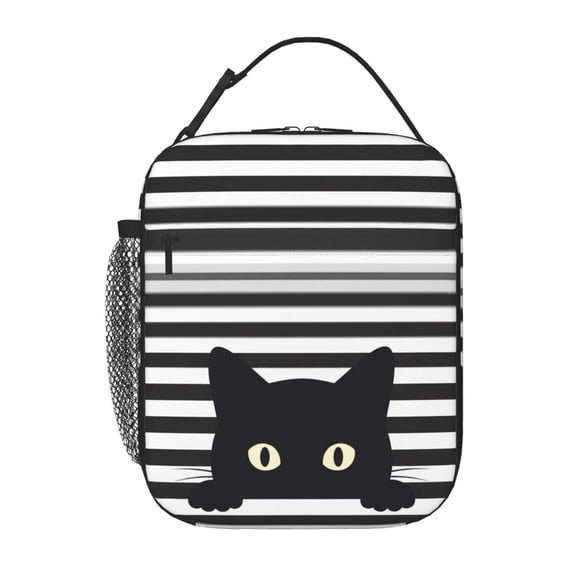 Cat Lunch Box Insulated Lunch Bag Reusable Lunchbox With Side Pocket,Black And White Striped Lunch Box,Waterproof Lunch Tote Bag For Women Men Work Office Picnic
