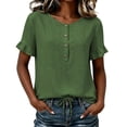 thumbnail image 3 of ClodeEU Women's Crew Neck Short Sleeve Henley Blouse,Casual Solid Color Linen Blend Top Green,Women's Plus XXXL, 3 of 8