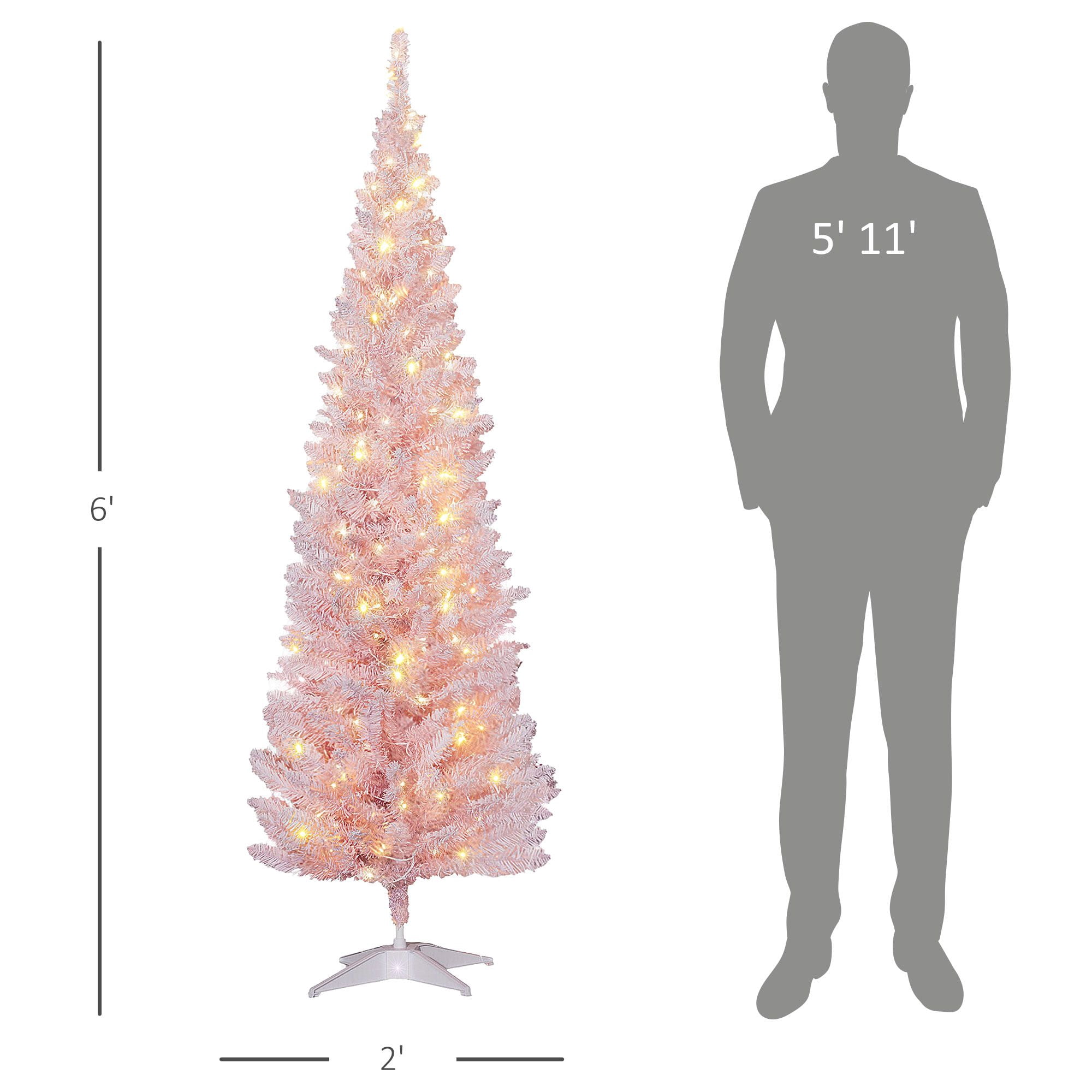 6ft Pencil Christmas Tree, Slim Artificial Christmas Tree with Realistic Branches and Warm White LED Lights, Pink