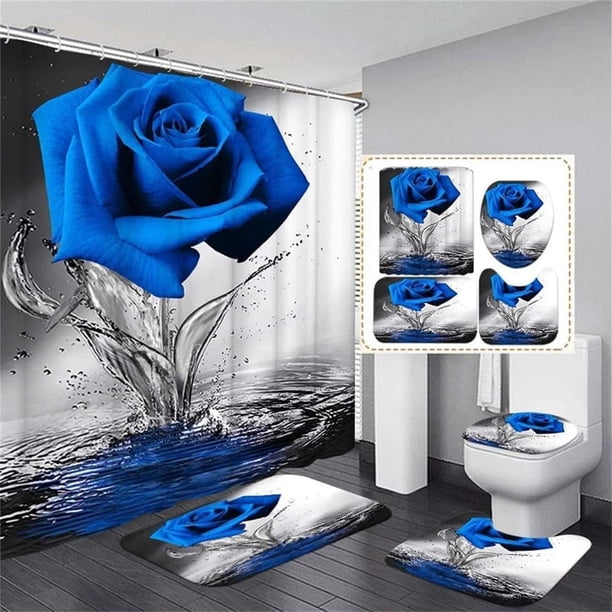Juego de baño con rosas rosas con cortina de ducha y alfombras Juego de cortina de ducha con rosas rosas con alfombras antideslizantes, tapete de baño, tapa de inodoro y 12 ganchos resistentes,
