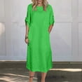 thumbnail image 2 of UsYezik Women's Dress Under $10 Cotton Linen Long Sundress V Neck 3/4 Sleeve Dress Summer Solid Flowy T-Shirt Midi Dresses Green L, 2 of 5