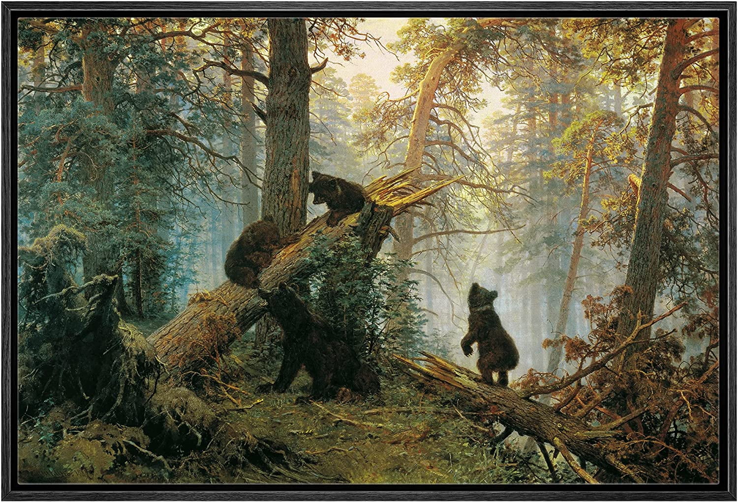 Framed Canvas Print Wall Art Black Bears in The Spring Forest Nature  Wilderness Illustrations Modern Art Rustic Scenic Colorful Multicolor for  Living Room, Bedroom, Office 16"x24" Black