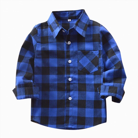 YIWULA Baby Boys Plaid Shirt Toddler Flannel Button Down Jacket Long Sleeve Outfits Infant School Uniform Shirts Cotton Shacket Coat(8-9 Years,Blue)