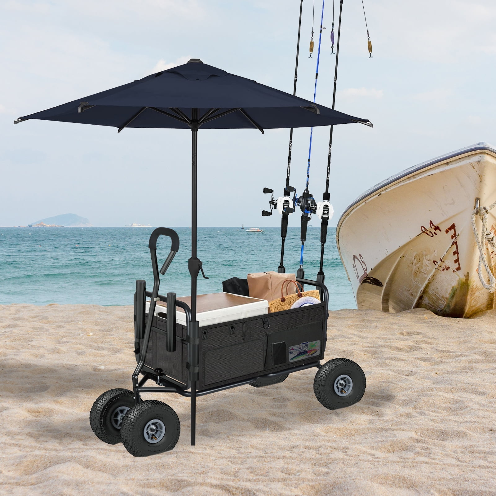 Comie Collapsible Fishing Cart w/11'' All-Terrain Wheels for Sand,550lb  Large Capacity Beach Wagon Heavy Duty Garden Cart with Rod Holders,Umbrella  Holder and Storage Pockets 