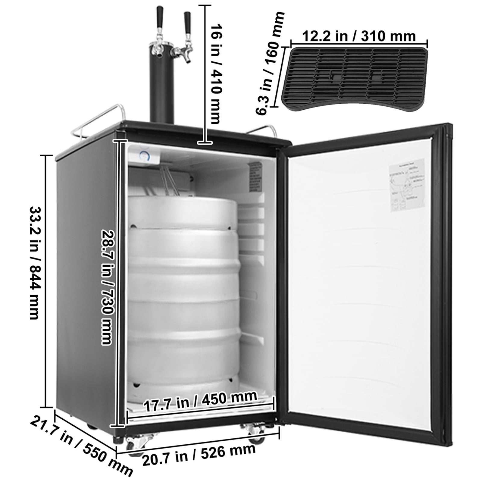 VEVOR Beer Kegerator, Dual Tap Draft Beer Dispenser, Full Size Keg Refrigerator with CO2 Cylinder, Shelves, Drip Tray & Rail, 32°F- 50°F Temperature Control, Hold 1/6, 1/4, 1/2 Barrels, Black