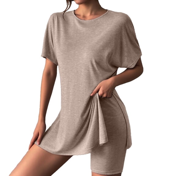 WAYUTE Short Sets Women 2 Piece Outfits Casual Solid Round Neck Short Sleeve Summer High Slit Top Shirt Shorts Set