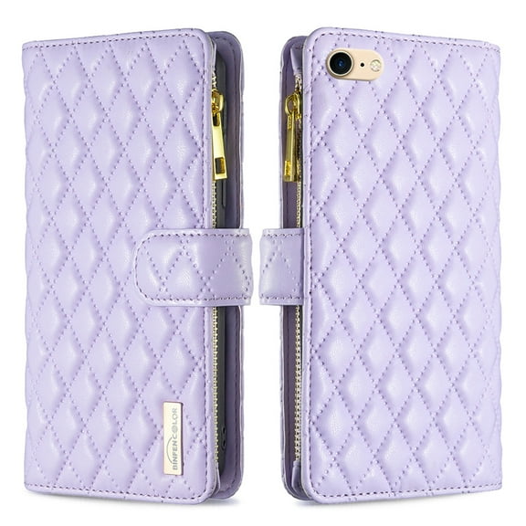 iPhone 7/8/SE 2nd/3rd Gen Women Wallet Case, Magnetic Leather Purse Zipper Wallet Folio Flip Credit Card Coin Stand Case with Wristp Hand Strap Lanyard Compatible with iPhone 7/8/SE 2nd/3rd Gen,Purple